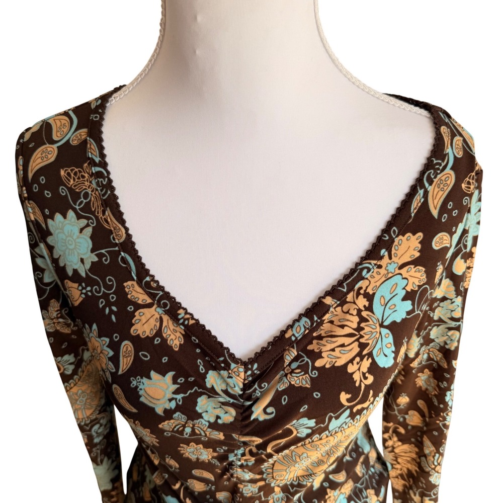 Otto‎ Sumisho Y2K Womens Brown Paisley Floral V-Neck Long Sleeve Size M Boho VTG - Picture 2 of 6